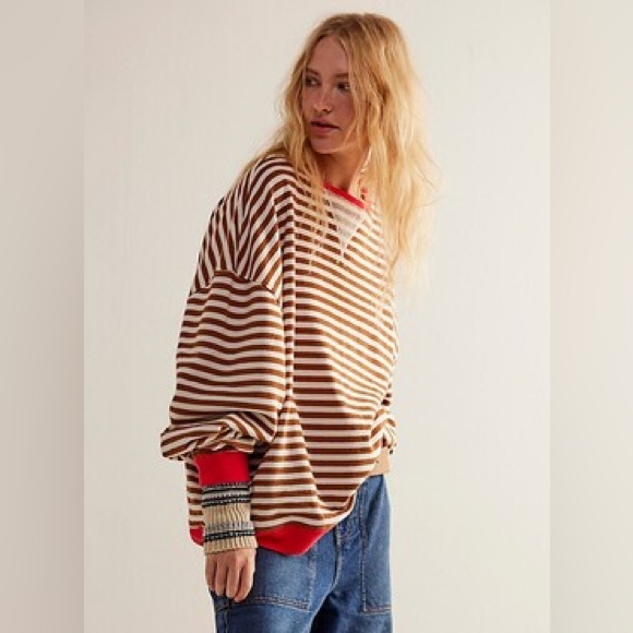Free People Classic Striped Oversized Crewneck Coffee Combo size XL - Picture 3 of 10